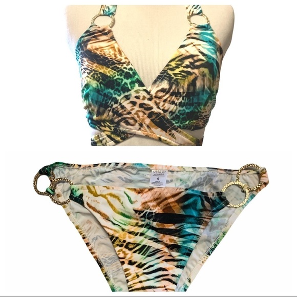 Venus colorful animal print crossover, back tie bikini with gold circle hardware - Picture 1 of 13